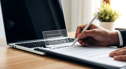 Person signing contract on desk with floating transparent document icon representing legal agreement