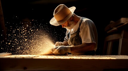 A skilled carpenter carefully sanding a wooden beam generating a flurry of sawdust as he works diligently in his workshop