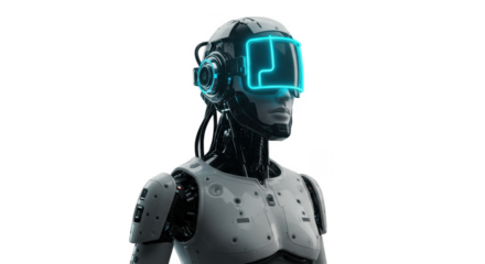 A futuristic robot with a glowing blue visor stands against a white background, showcasing advanced technology.