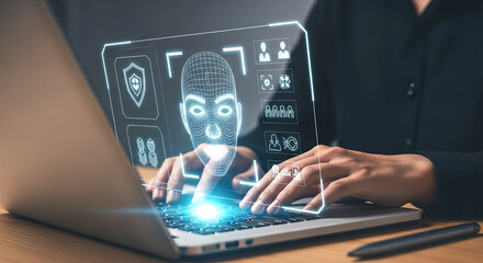 Woman using laptop with facial recognition interface representing artificial intelligence technology