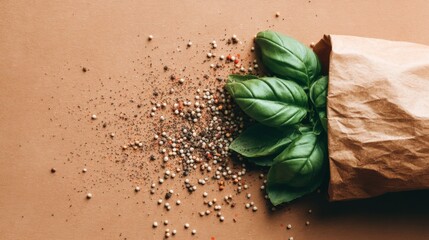 Fresh basil leaves and peppercorn mix spilling from brown paper bag