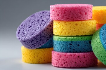Colorful sponges stacked together showcasing vibrant hues and soft textures for cleaning and skincare use