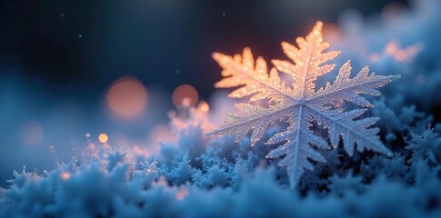 Sparkling Snowflakes A Close-Up of Delicate Ice Crystals Illuminated by Warm Light, Creating a Magical Winter Scene Perfect for Holiday Cards, Winter Backgrounds, and Festive Designs.