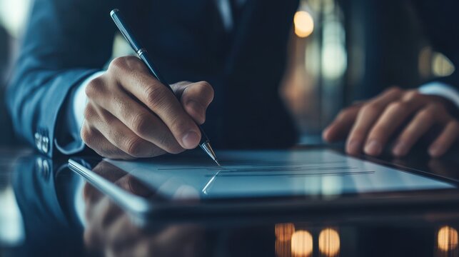 Hand of professional signing document on glass surface with modern pen