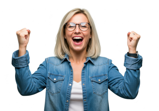 Happy woman celebrating success with fists raised isolated on transparent background