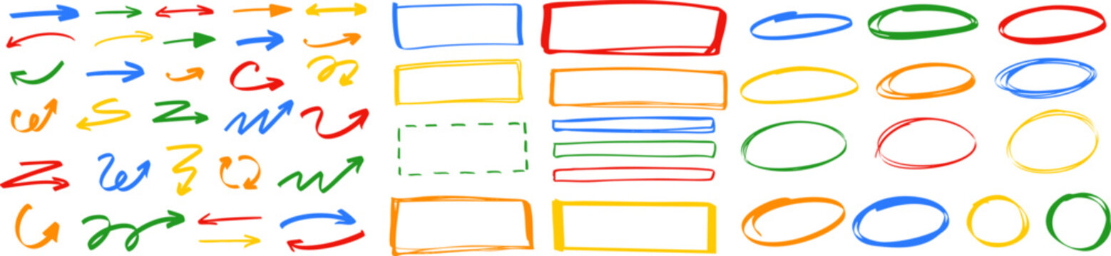 Big bundle of colorful hand-drawn design elements including arrows, rectangles, and oval marker shapes on transparent background. Vector EPS 10
