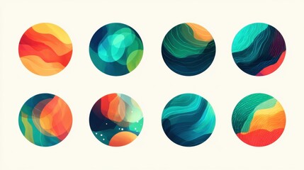 Abstract colorful circular designs with layered textures on light background