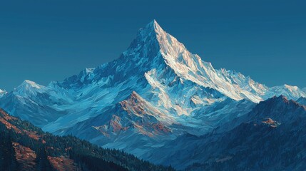 Fototapeta premium Polygonal Art Snow Mountain Landscape: Blue - Toned Peak With Icy Textures, Forested Slopes, And Clear Sky – Ideal For Wallpaper, Nature - Inspired Decor, And Outdoor Adventure Visuals