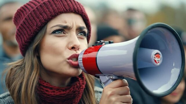 Voice of the people: A determined young woman with a resolute expression, her voice amplified through a megaphone, spearheads a rally amidst a sea of supporters, evoking themes of protest, activism.