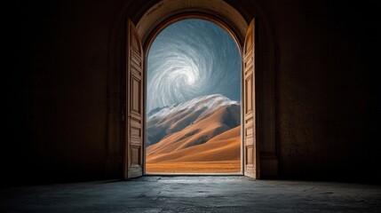 Open wooden door framing mountain landscape with swirling galaxy sky