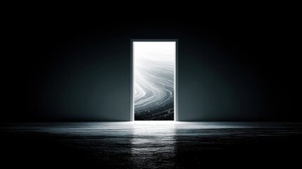 Open doorway revealing swirling cosmic pattern with light reflection