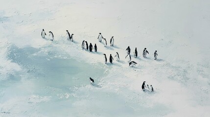 Fototapeta premium flat lay of a group of penguins on icy terrain, color tones: frost white, tuxedo black, and soft blue
