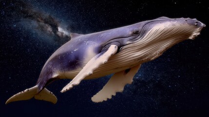 Humpback whale swimming underwater with starry sky and galaxy background