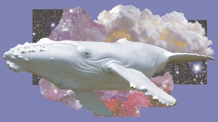 White humpback whale floating with stars crystals and clouds collage