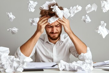 Stressed middle aged man in a white shirt and tie sitting at a messy office desk holding his head in his hands in frust n while working on a laptop and surrounded by crumpled papers