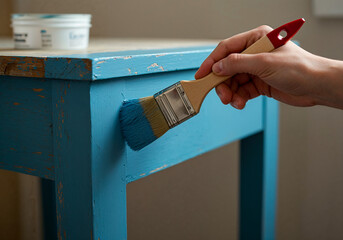 Close-up of a hand painting vintage wooden furniture with light blue brush-on paint