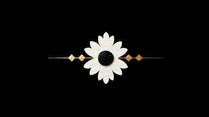 White flower shape with gold decorative line on black background