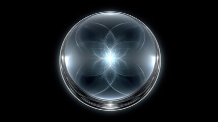 Glowing abstract glass sphere with blue light inside on black background