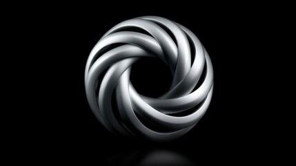 Silver metallic torus with twisted design on black reflective background