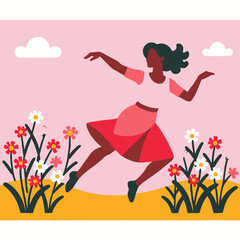 Dancing Through Spring A Joyful African American Woman Embracing Nature and Floral Beauty- Celebrating Freedom and Happiness in a Colorful Meadow_