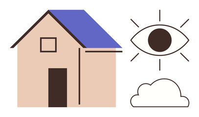 House with blue roof, single eye with radiating lines, and cloud emphasizing security, homeownership, vision, creativity, mindfulness, protection awareness. Ideal for real estate environmental