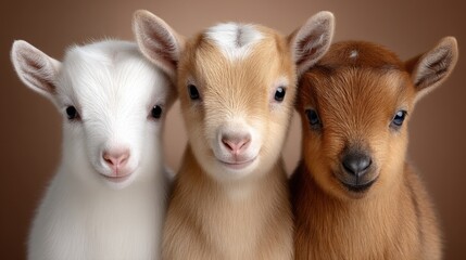 Fototapeta premium Three baby goats standing close up with diverse brown and white fur
