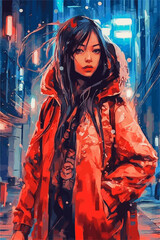 Vector illustration of a young woman walking in a futuristic city at night, wearing a red coat