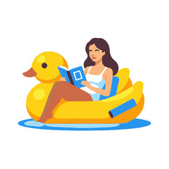 Fototapeta premium Relaxing Reads on a Duck Float- Woman Enjoying Summer- Book Time in the Pool- Floatation Device Fun- Summer Relaxation with a Book- Pool Time Reads- Sunny Days and Relaxation