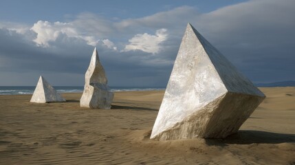 Large metallic pyramids standing in sandy desert with cloudy sky