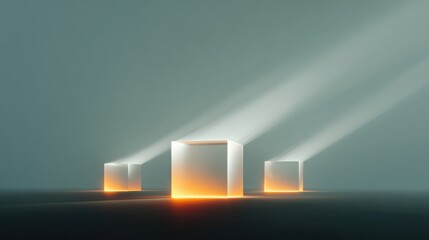 Glowing cubes emitting light beams in dark minimalist futuristic space