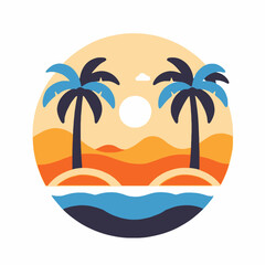 Obraz premium Tropical Beach Illustration-Palm Trees and Ocean View-Serene Landscape Design-Summer Vacation Vibes-Colorful Seascape Art-Relaxing Getaway Scene