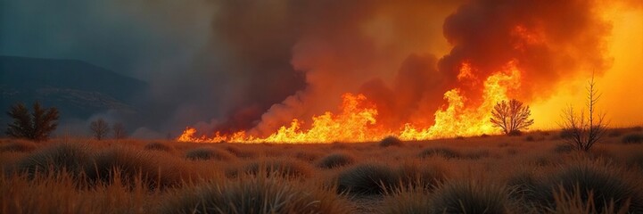 Fiery Wildfire Consumes Dry Grassland, Leaving a Trail of Ash and Smoke in a Dramatic Natural Scene