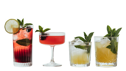 Four refreshing cocktails with mint and fruit garnishes isolated on a transparent background drink beverage