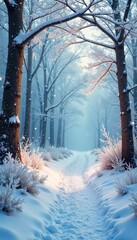 Magical Winter Wonderland Frosted Trees, Sparkling Icicles, and a Snow-Covered Path bathed in soft, enchanting light. Perfect for winter holiday cards, websites, and social media.