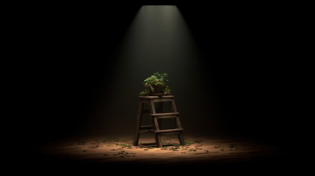 Potted plants positioned on wooden ladder under spotlight on floor - Powered by Adobe