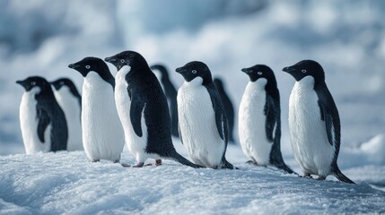 Obraz premium flat lay of a group of penguins on icy terrain, color tones: frost white, tuxedo black, and soft blue