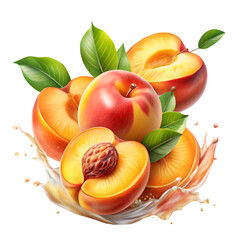 Realistic peach fruits with slices and juice splash flow isolated on white for fruity design visuals
