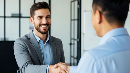 Portrait of a smiling young manager shaking hands with a new employee in a modern office, symbolizing partnership and successful hiring.