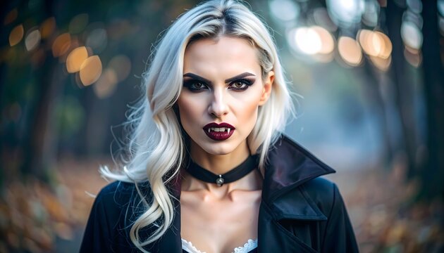 A mesmerizing female vampire with long platinum blonde hair, intense dark makeup, and sharp fangs glares directly at the viewer in a misty outdoor setting, perfect for Halloween