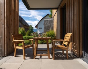 Fototapeta premium Two wooden garden chairs and a table on the terrace of a modern house with wood cladding