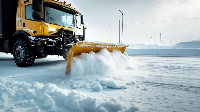 Yellow snowplow clearing a snow-covered road on a winter day. The vehicle is pushing a large amount of snow, headlights on, with a cloudy sky in the background.