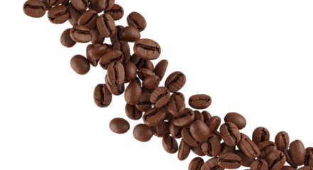 Coffee beans scattered in artistic arrangement isolated on transparent background, cutout png