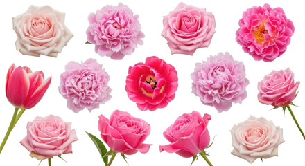 Beautiful pink and white flowers arranged in a stunning layout isolated on transparent background, cutout png