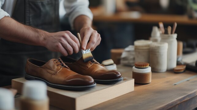 Professional shoemaker polishing leather shoes in a workshop during daylight hours