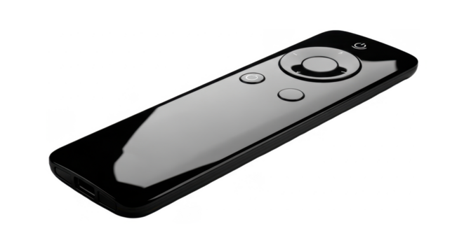 A sleek black remote control, angled, with a central button and other controls.