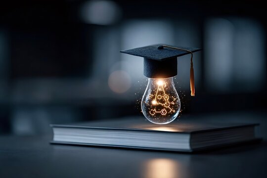 Graduation cap on light bulb with chemical formula over book symbolizing science education