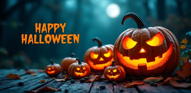 Glowing carved pumpkins on wooden planks with happy halloween text jack o lantern