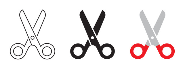 Open scissors icon set. Red scissors symbol. Black filled cut tool sign. Cut symbol. Paper clippers Shears sign. Hairdresser pictogram vector illustration