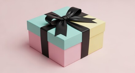Obraz premium A pastel colored gift box with black ribbon isolated on pink background