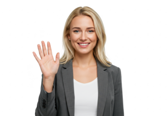 Smiling businesswoman waving hello isolated on transparent background